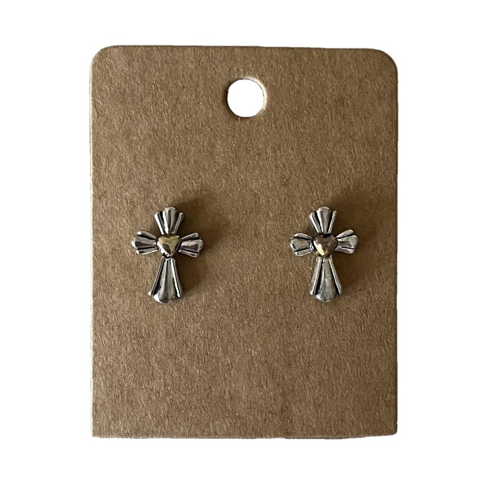 Silver Cross Stud Earrings with Gold Heart Accent | Two Tone Faith Jewelry